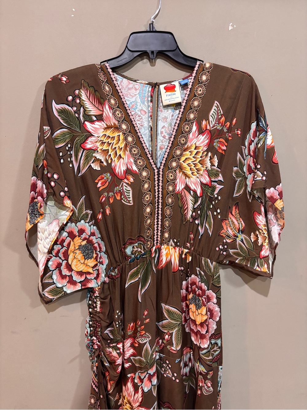 Farm Rio x Anthropologie Valentina Ruched Floral Midi Dress Brown Size PM Petite - Picture 6 of 10